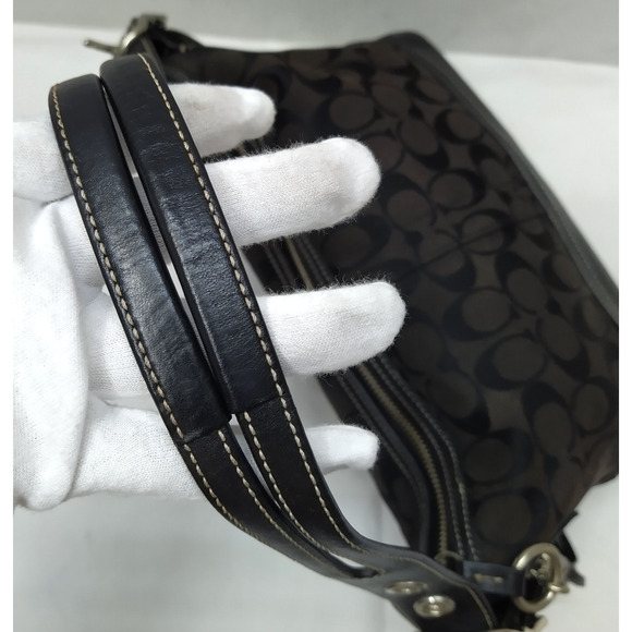 Coach Signature Black Canvas Leather Trim Zipper Closure Hobo Shoulder Bag - Picture 6 of 16